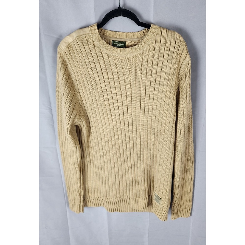 Eddie Bauer Men's Beige Rib-Knit Crewneck Pullover Cotton Sweater L - Picture 1 of 4